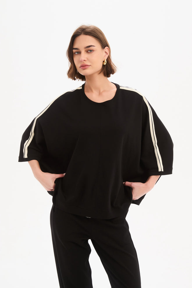 PREORDER - Tirelli Black with Cream Oversized 3/4 Stripe Sleeve T Shirt  DUE END MAY