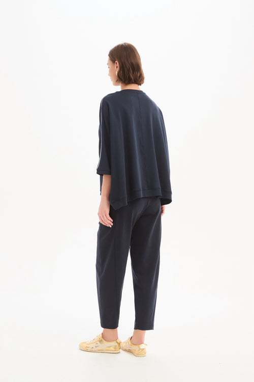 Tirelli Navy with Navy Stripe Oversized 3/4 Stripe Sleeve T Shirt