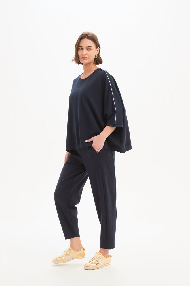 PREORDER - Tirelli Navy with Navy Stripe Oversized 3/4 Stripe Sleeve T Shirt  DUE END MAY