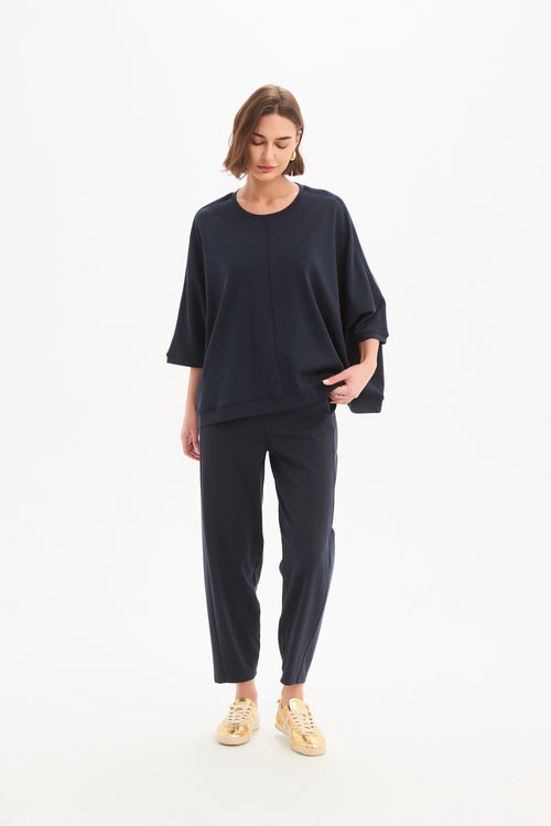 Tirelli Navy with Navy Stripe Oversized 3/4 Stripe Sleeve T Shirt
