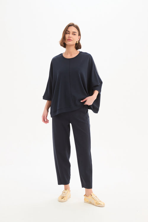 Tirelli Navy with Navy Stripe Oversized 3/4 Stripe Sleeve T Shirt