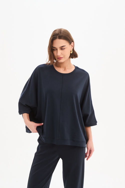 Tirelli Navy with Navy Stripe Oversized 3/4 Stripe Sleeve T Shirt