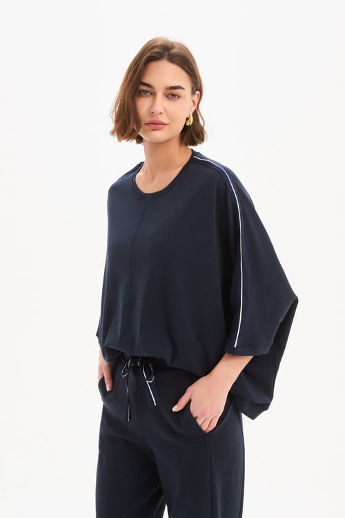 Tirelli Navy with Navy Stripe Oversized 3/4 Stripe Sleeve T Shirt