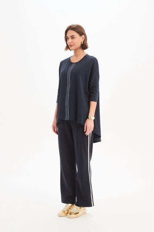 Tirelli Navy With Navy Stripe Front 3/4 Sleeve T Shirt
