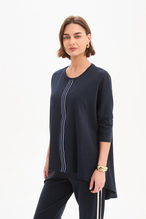 Tirelli Navy With Navy Stripe Front 3/4 Sleeve T Shirt