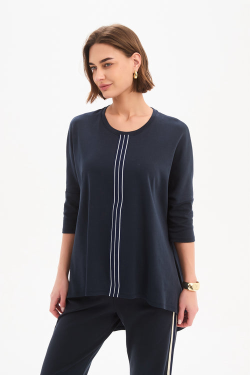 Tirelli Navy With Navy Stripe Front 3/4 Sleeve T Shirt