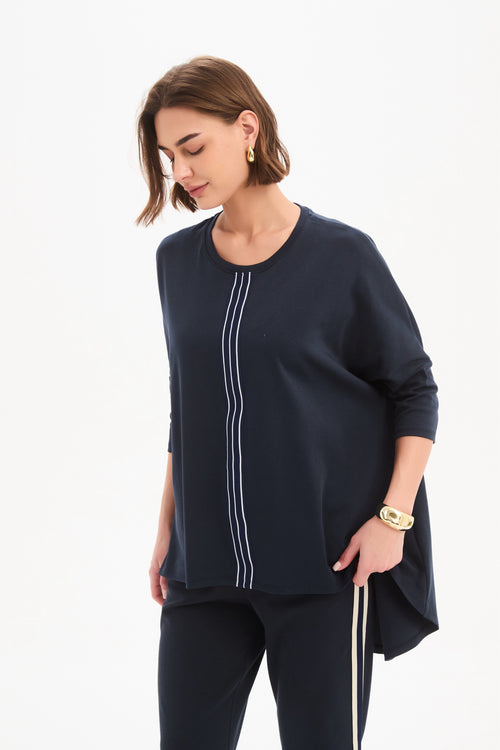 Tirelli Navy With Navy Stripe Front 3/4 Sleeve T Shirt