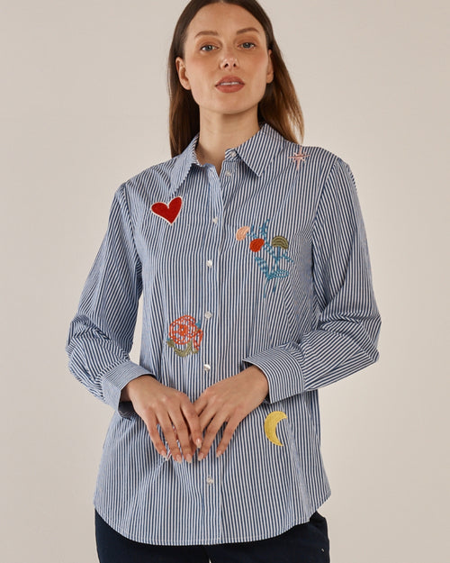 Betty Basics Amelia Shirt  Floral Navy Stripe