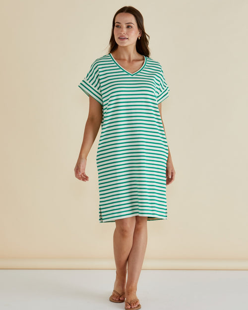 Betty Basics Elise V Neck Rib Dress Green Stripe