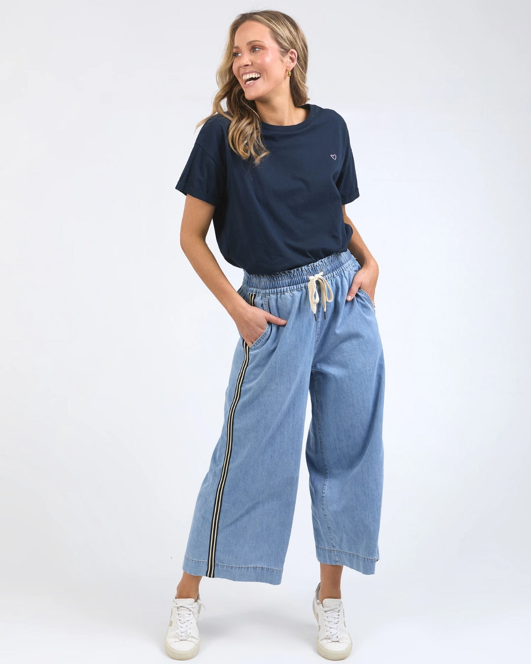 Elm Greta Wide Leg Pants Side Tape Light Blue Wash
