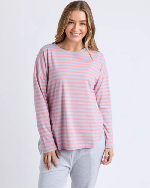 Elm Lauren Long Sleeve T Shirt Sky Blue Pink Stripe