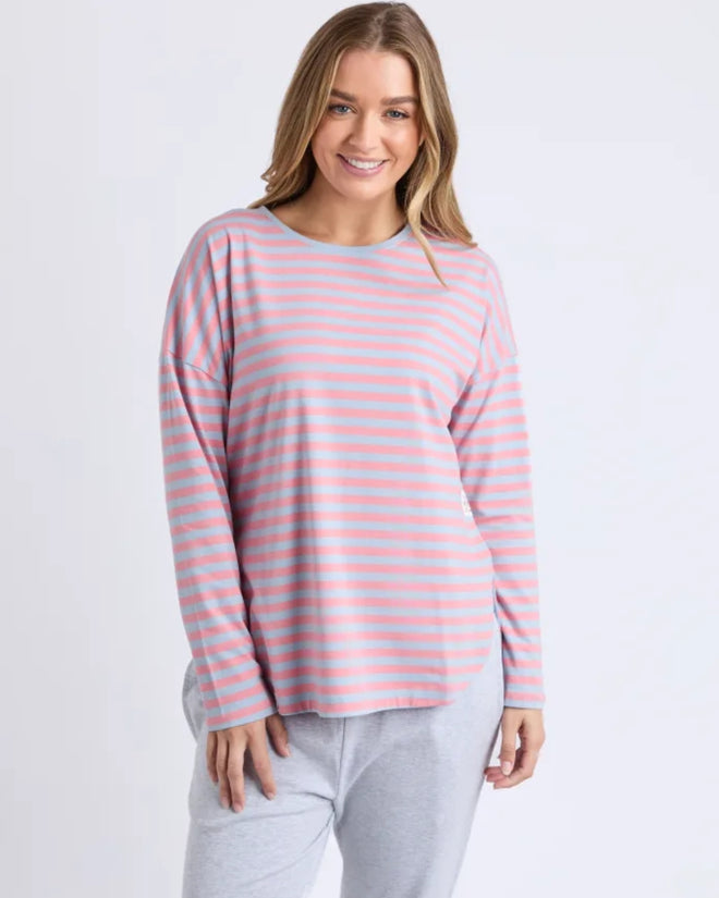 Elm Lauren Long Sleeve T Shirt Sky Blue Pink Stripe