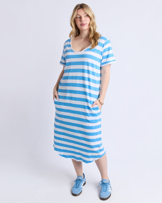 Elm Meave Midi Dress Azure Blue and White