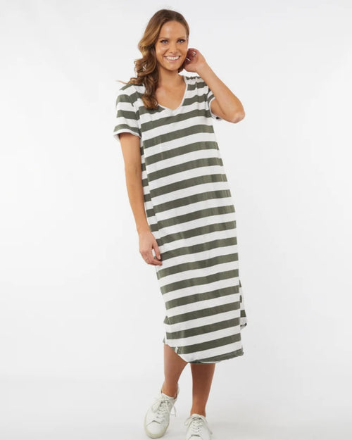 Elm Meave Midi Dress Khaki White Stripe