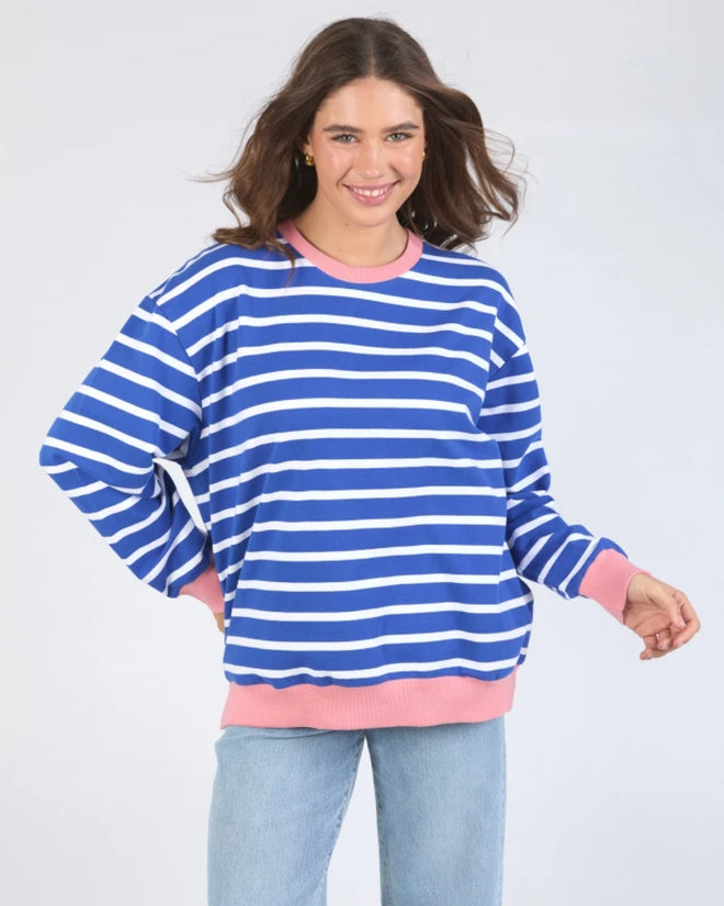 Elm Tully Stripe Fleece Crew Sweatshirt French Blue