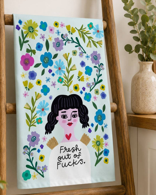Fresh Out of Fucks Grumpy Angel Dish Towel