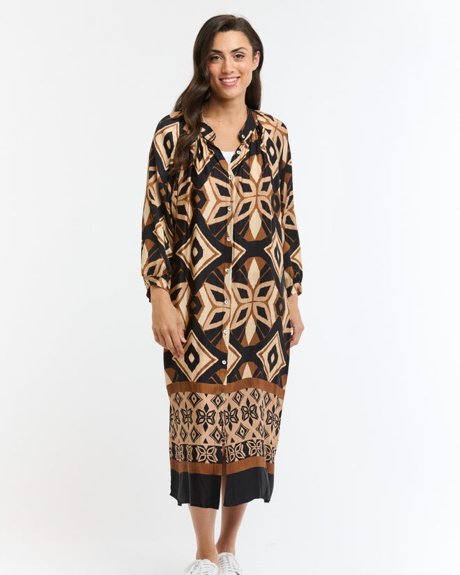Italian Star The Hills Button Through Dress Brown Beige