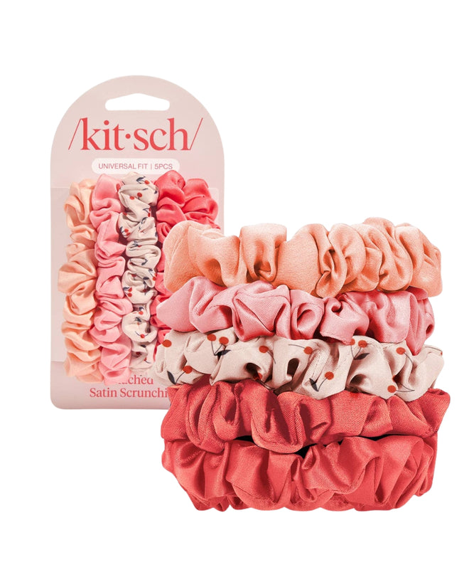 Kitsch Ruched Satin Scrunchies 5pc Set - Assorted Cherry Blossom