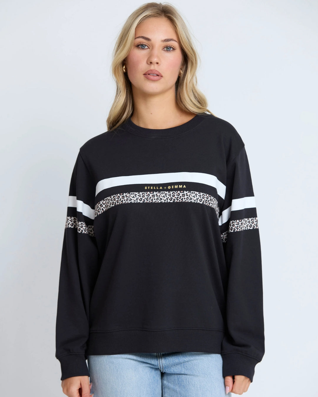 Stella and Gemma Black Leopard White Stripe Essential Sweatshirt