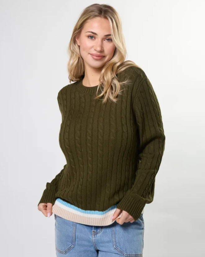 Stella and Gemma Cable Crew Jumper Khaki