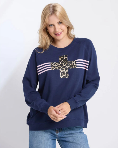 Stella and Gemma Classic Sweatshirt Navy Leopard Cross Pink Stripe