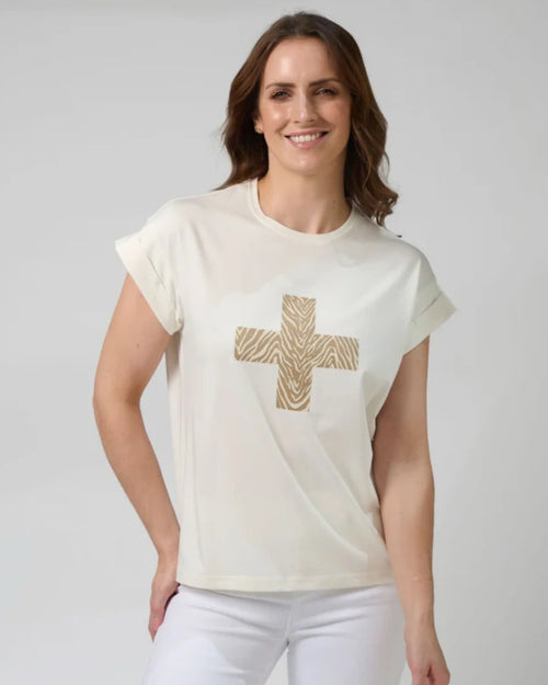 Stella and Gemma Cream Zebra Cross Cuff T Shirt