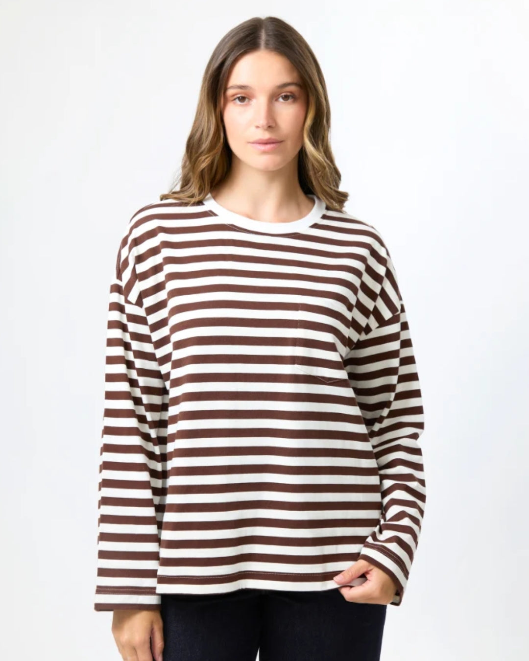Stella and Gemma Drop Shoulder Tee Choc Stripe