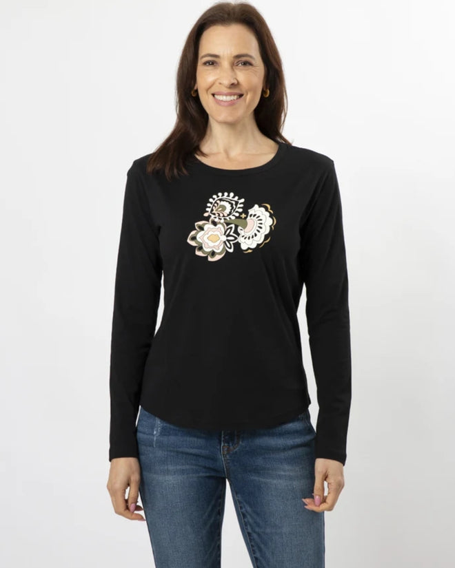 Stella and Gemma Folk Floral Black Long Sleeve T Shirt