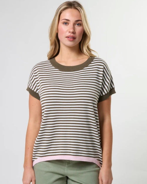 Stella and Gemma Laneway Pocket Top Khaki White Stripe