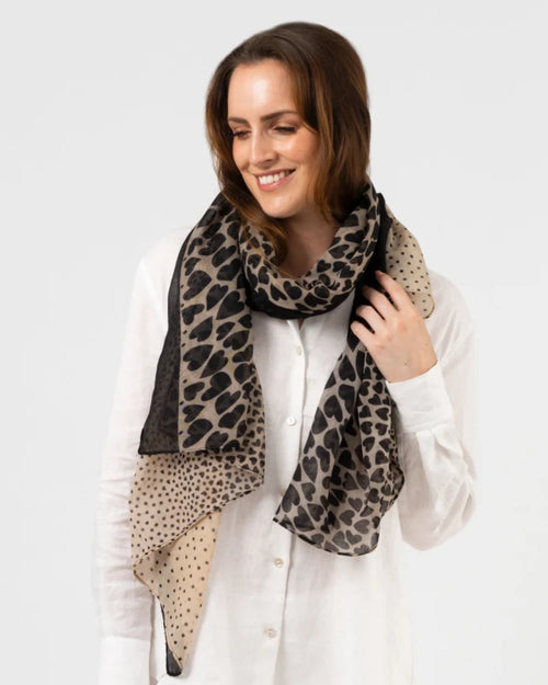 Stella and Gemma Scarf Beige Black Hearts and Dots