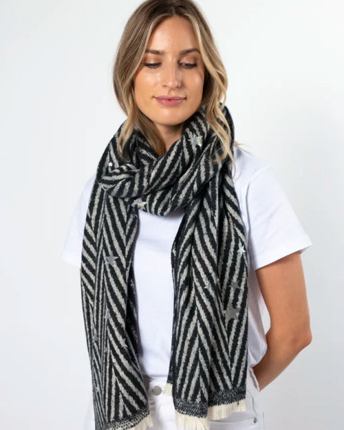 Stella and Gemma Scarf Diagonal Black Stripe Silver Stars