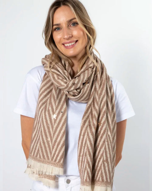 Stella and Gemma Scarf Diagonal Tan Stripe Silver Stars