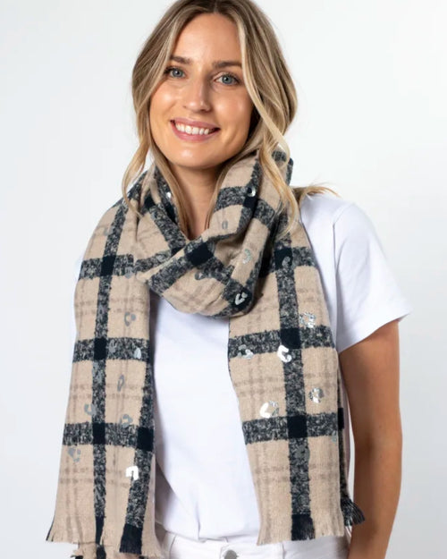 Stella and Gemma Scarf Taupe Squares Silver Leopard