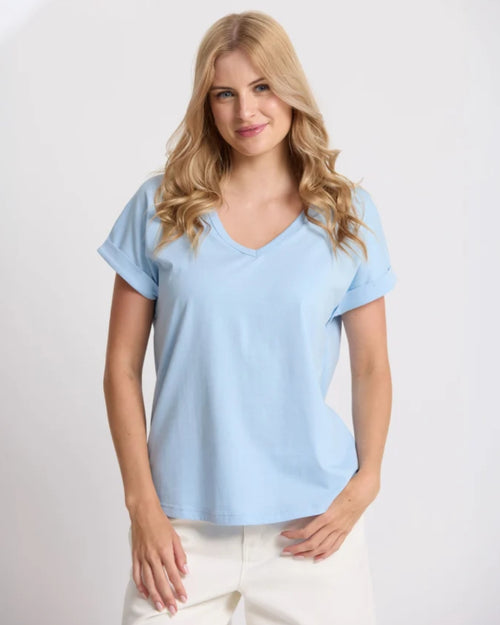 Stella and Gemma Soho Cuff Sky V Neck T Shirt