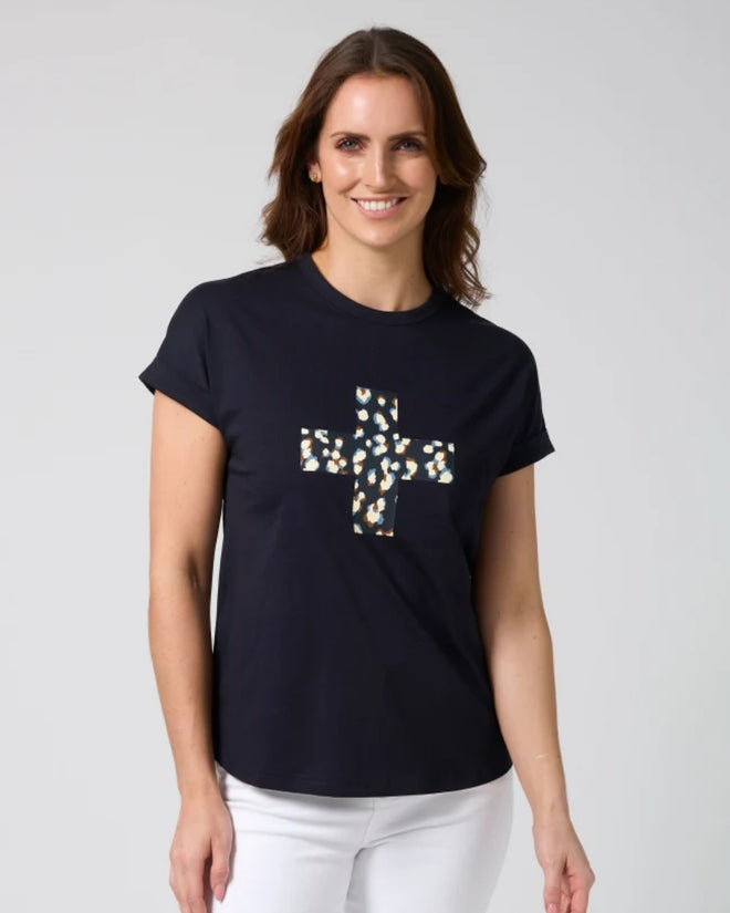 Stella and Gemma Soho Cuff T Shirt Leopard Cross Deep Navy