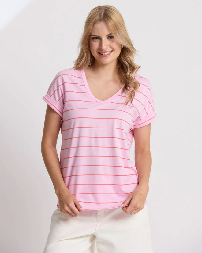 Stella and Gemma Soho Cuff V T Shirt Candy Red Stripe