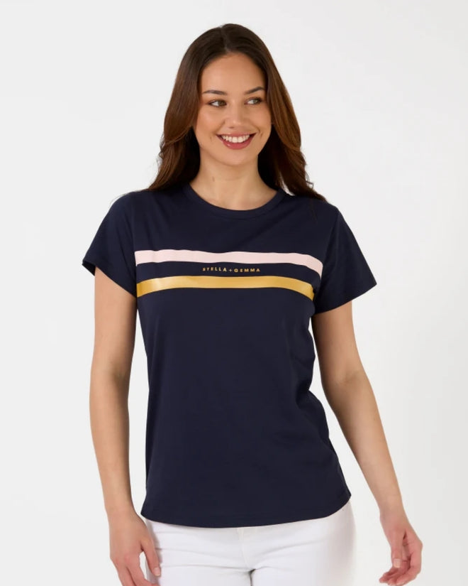 Stella and Gemma T Shirt Navy Icon Stripe