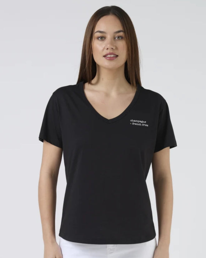 Stella and Gemma V Neck Champagne & Fries Black Villa T Shirt