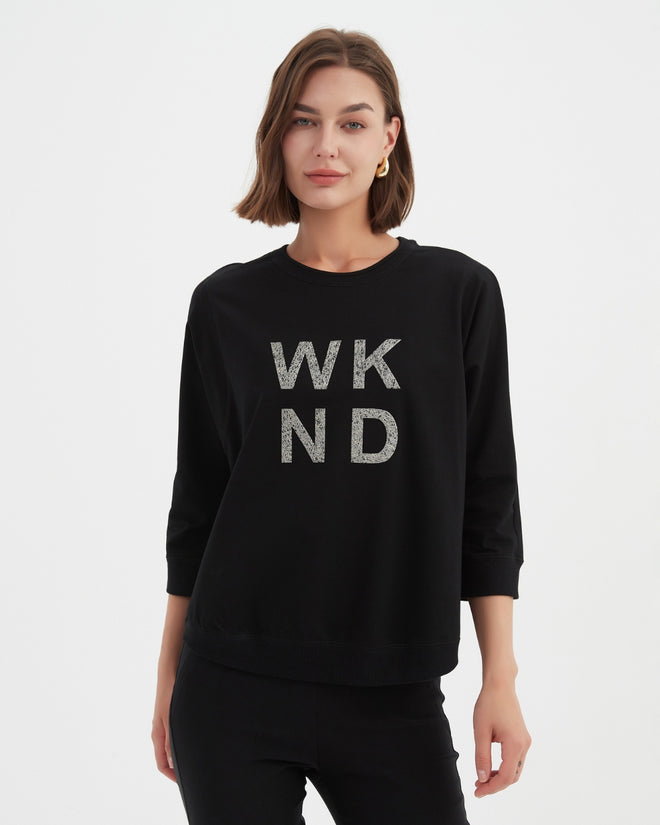 Tirelli 3/4 Sleeve Metallic Print Weekend Crew Sweatshirt Black/Silver