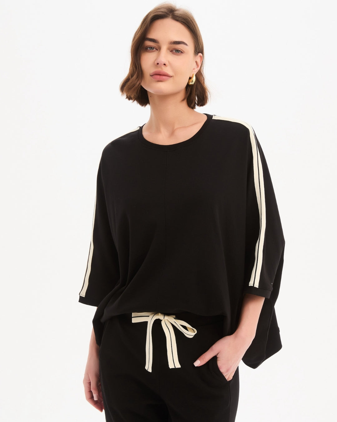 Tirelli Black with Cream Oversized 3/4 Stripe Sleeve T Shirt
