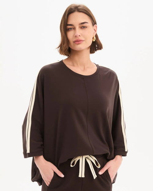 Tirelli Chocolate with Cream Stripe Oversized 3/4 Stripe Sleeve T Shirt
