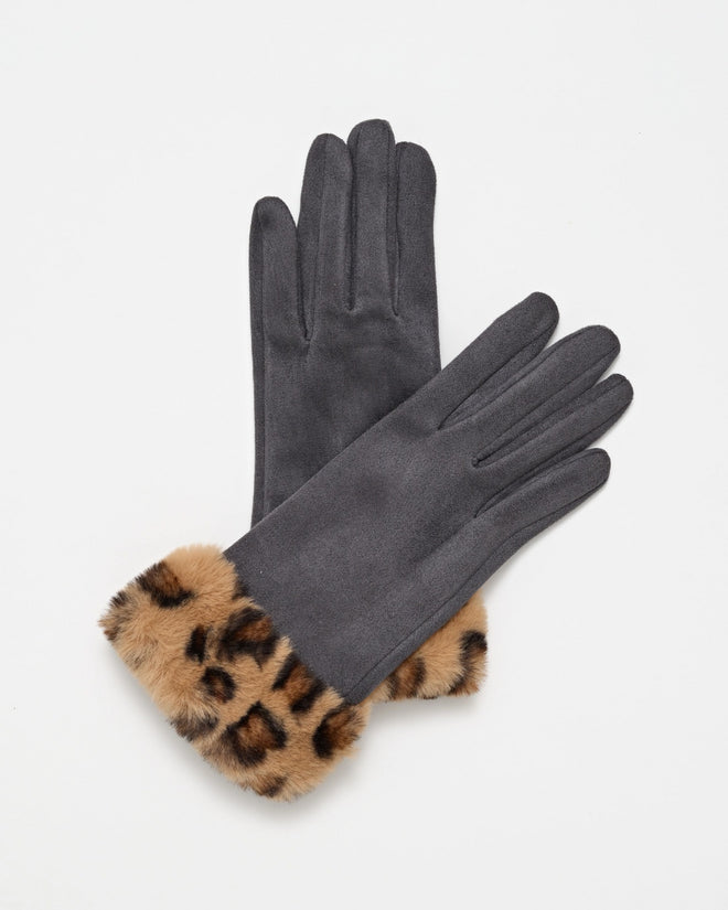 Stella and Gemma Gloves Grey Leopard Fur