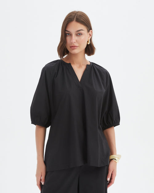 PREORDER - Tirelli Gathered Notch Neck Top Black DUE SEPTEMBER