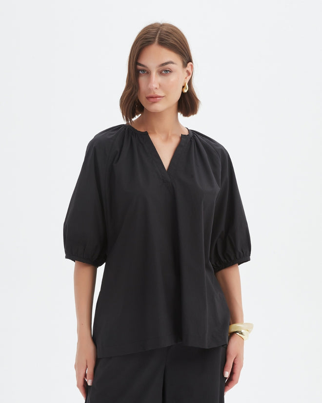 PREORDER - Tirelli Gathered Notch Neck Top Black DUE SEPTEMBER