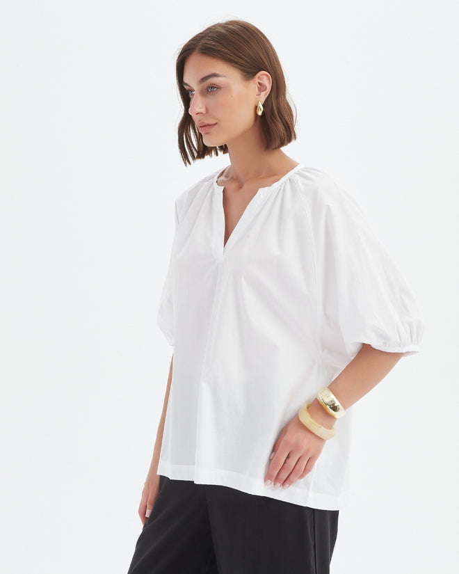 PREORDER - Tirelli Gathered Notch Neck Top White DUE SEPTEMBER