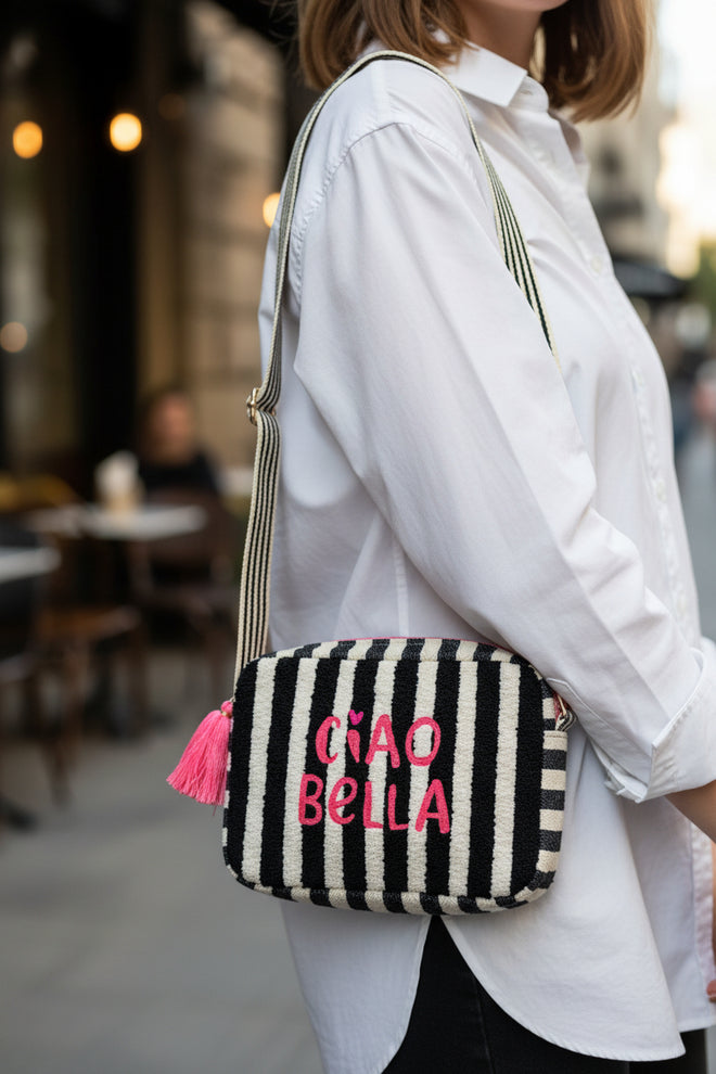 Ciao Bella Black and White Stripe Handbag