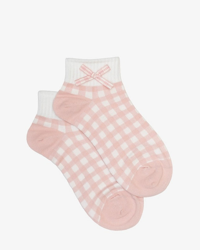 Antler Gingham Bow Pink Ankle Socks