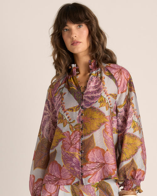 Fate and Becker Daria Shirred Blouse Leaf Print