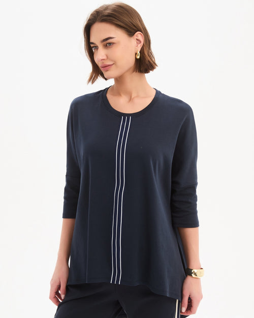 Tirelli Navy With Navy Stripe Front 3/4 Sleeve T Shirt