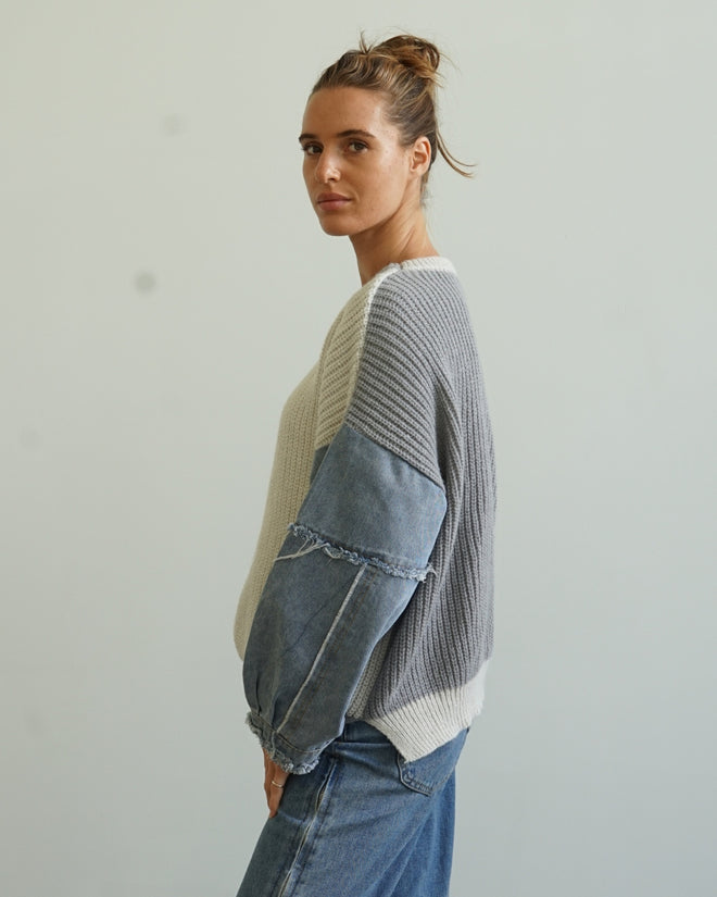 PREORDER - Worthier The Label Vayla Patchwork Cream Denim Jumper DUE END JUNE